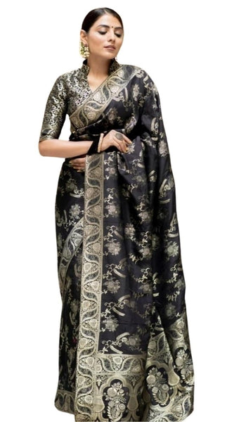 Mayawye Women's Silk Printed Saree With Unstitched Blouse 5.5Mtr (Black)