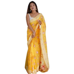 Mayawye Women's Cotton  Printed Saree With Unstitched Blouse 5.5Mtr (Yellow)
