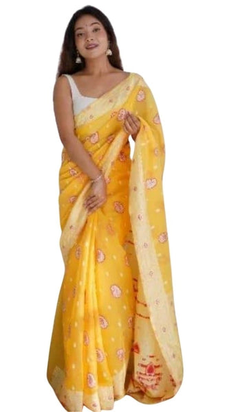 Mayawye Women's Cotton  Printed Saree With Unstitched Blouse 5.5Mtr (Yellow)