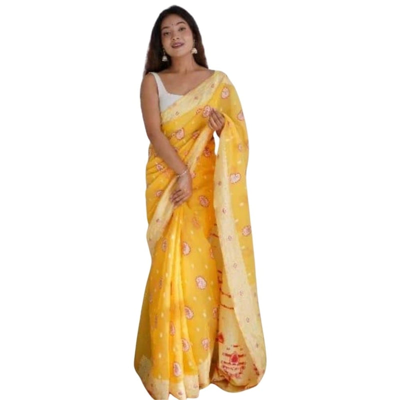 Mayawye Women's Cotton  Printed Saree With Unstitched Blouse 5.5Mtr (Yellow)