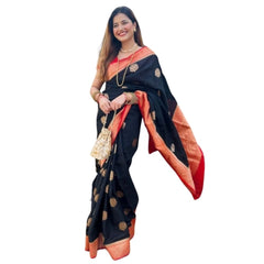 Mayawye Women's Silk Printed Saree With Unstitched Blouse 5.5Mtr (Black-Red)