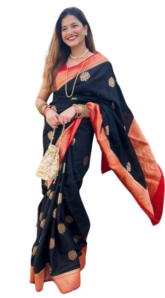 Mayawye Women's Silk Printed Saree With Unstitched Blouse 5.5Mtr (Black-Red)