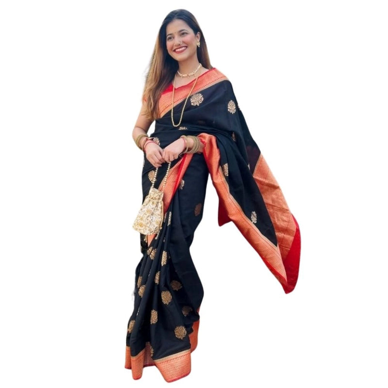 Mayawye Women's Silk Printed Saree With Unstitched Blouse 5.5Mtr (Black-Red)