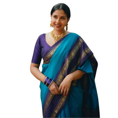 Mayawye Women's Silk Printed Saree With Unstitched Blouse 5.5Mtr (Blue)