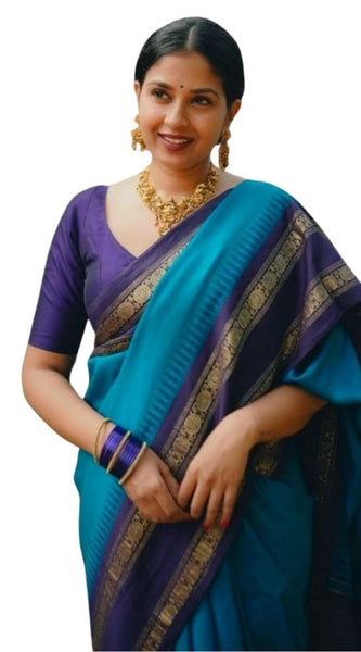 Mayawye Women's Silk Printed Saree With Unstitched Blouse 5.5Mtr (Blue)