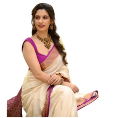 Mayawye Women's Silk Printed Saree With Unstitched Blouse 5.5Mtr (Off White-Pink)