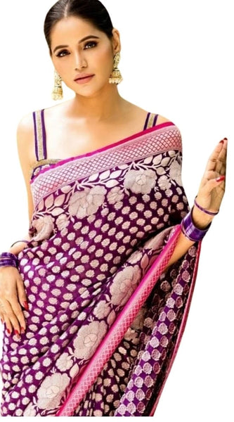 Mayawye Women's Silk Printed Saree With Unstitched Blouse 5.5Mtr (Purple)