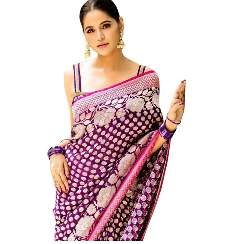 Mayawye Women's Silk Printed Saree With Unstitched Blouse 5.5Mtr (Purple)