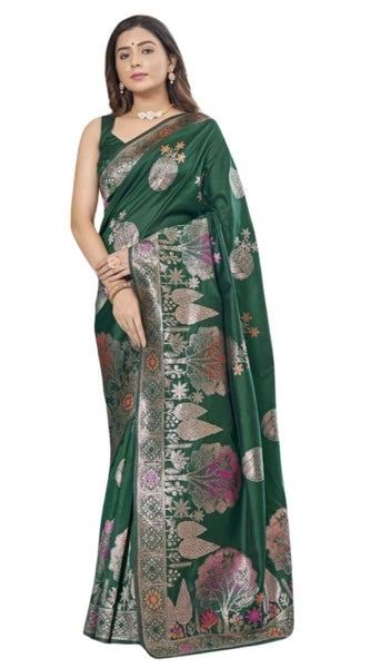 Mayawye Women's Silk Printed Saree With Unstitched Blouse 5.5Mtr (Green)