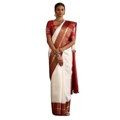 Mayawye Women's Silk Printed Saree With Unstitched Blouse 5.5Mtr (White-Maroon)
