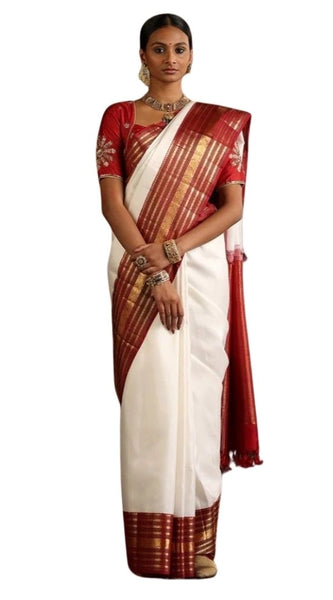 Mayawye Women's Silk Printed Saree With Unstitched Blouse 5.5Mtr (White-Maroon)