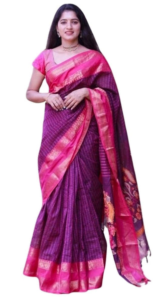 Mayawye Women's Silk Printed Saree With Unstitched Blouse 5.5Mtr (Purple)