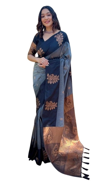 Mayawye Women's Silk Printed Saree With Unstitched Blouse 5.5Mtr (Grey)