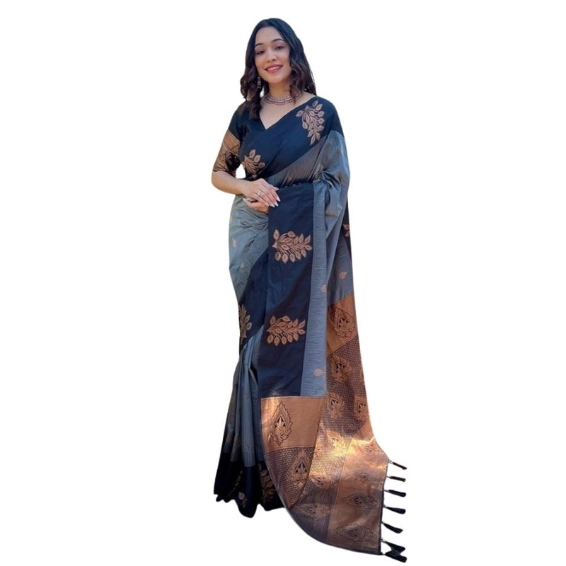 Mayawye Women's Silk Printed Saree With Unstitched Blouse 5.5Mtr (Grey)