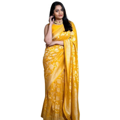 Mayawye Women's Silk Printed Saree With Unstitched Blouse 5.5Mtr (Yellow)