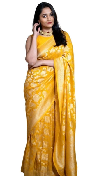 Mayawye Women's Silk Printed Saree With Unstitched Blouse 5.5Mtr (Yellow)