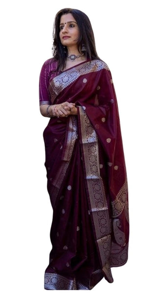 Mayawye Women's Cotton  Printed Saree With Unstitched Blouse 5.5Mtr (Maroon)