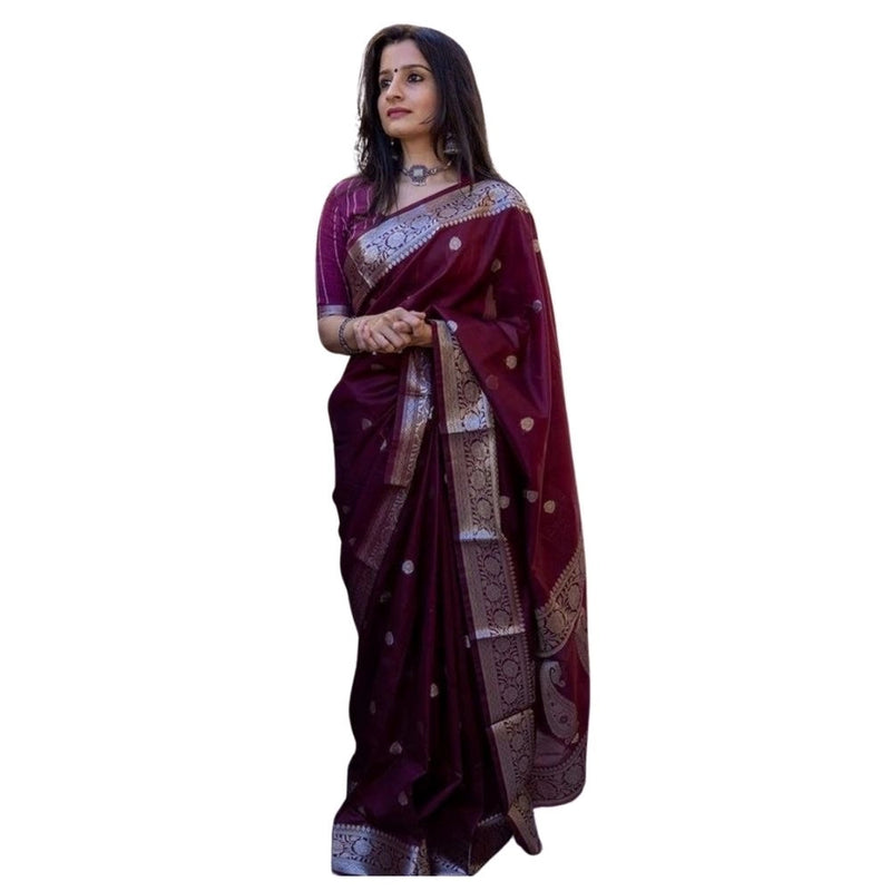 Mayawye Women's Cotton  Printed Saree With Unstitched Blouse 5.5Mtr (Maroon)