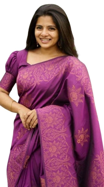 Mayawye Women's Silk Printed Saree With Unstitched Blouse 5.5Mtr (Purple)