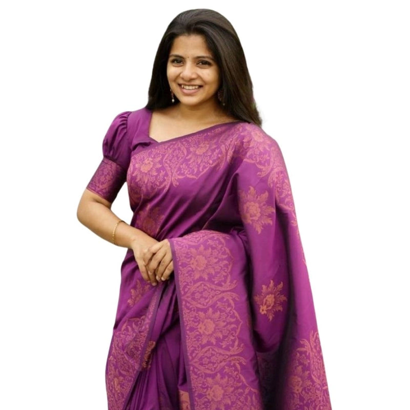 Mayawye Women's Silk Printed Saree With Unstitched Blouse 5.5Mtr (Purple)