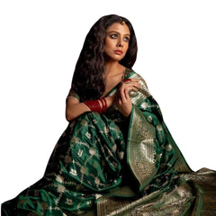 Mayawye Women's Silk Printed Saree With Unstitched Blouse 5.5Mtr (Dark Green)