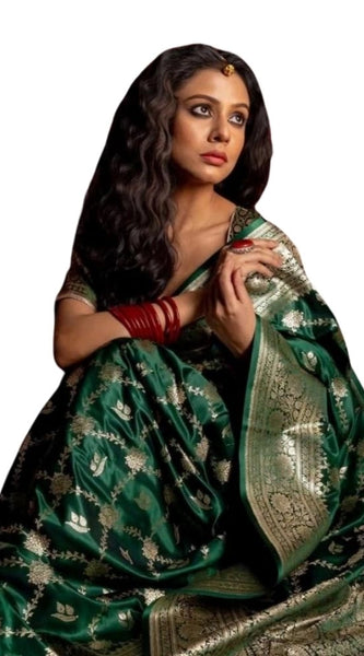 Mayawye Women's Silk Printed Saree With Unstitched Blouse 5.5Mtr (Dark Green)
