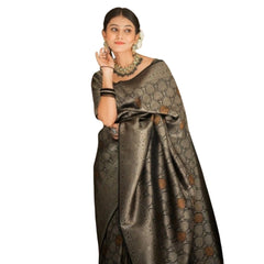 Mayawye Women's Silk Printed Saree With Unstitched Blouse 5.5Mtr (Black)