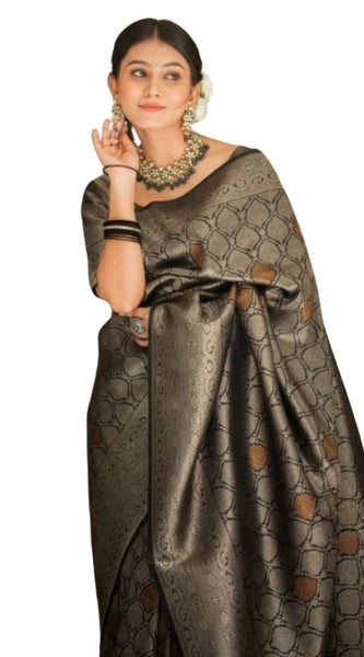 Mayawye Women's Silk Printed Saree With Unstitched Blouse 5.5Mtr (Black)