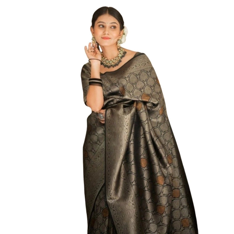 Mayawye Women's Silk Printed Saree With Unstitched Blouse 5.5Mtr (Black)
