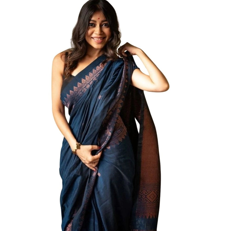 Mayawye Women's Silk Printed Saree With Unstitched Blouse 5.5Mtr (Navy Blue)