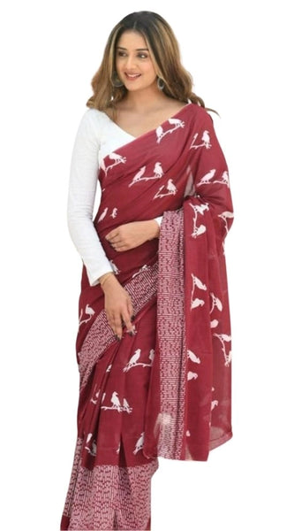 Mayawye Women's Silk Printed Saree With Unstitched Blouse 5.5Mtr (Maroon)
