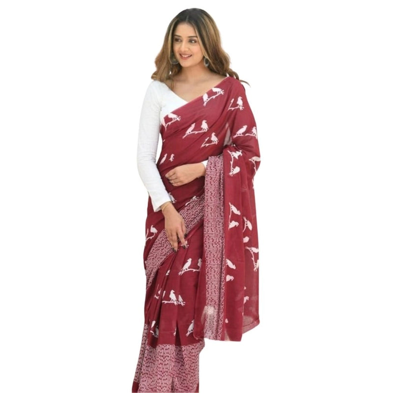 Mayawye Women's Silk Printed Saree With Unstitched Blouse 5.5Mtr (Maroon)