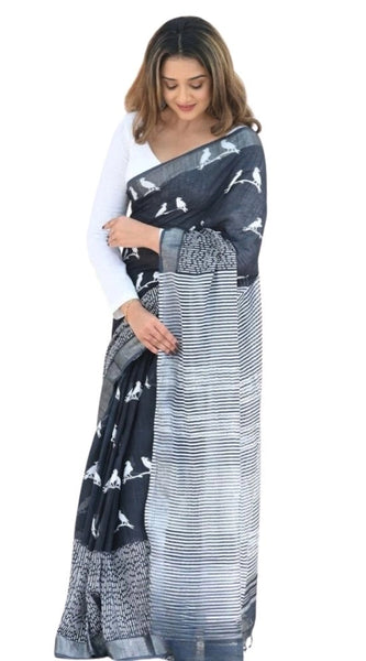 Mayawye Women's Silk Printed Saree With Unstitched Blouse 5.5Mtr (Black)