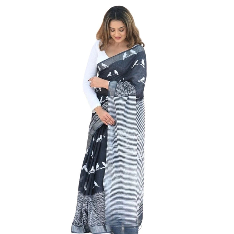 Mayawye Women's Silk Printed Saree With Unstitched Blouse 5.5Mtr (Black)