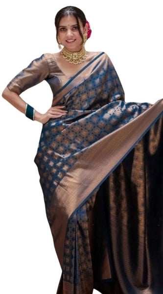 Mayawye Women's Silk Printed Saree With Unstitched Blouse 5.5Mtr (Blue)