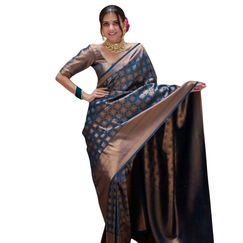 Mayawye Women's Silk Printed Saree With Unstitched Blouse 5.5Mtr (Blue)