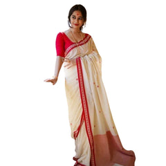 Mayawye Women's Cotton  Printed Saree With Unstitched Blouse 5.5Mtr (White)