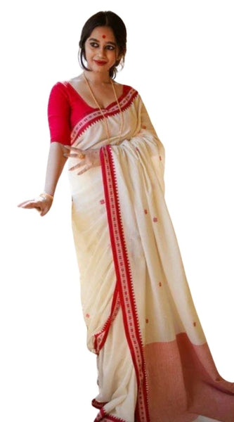 Mayawye Women's Cotton  Printed Saree With Unstitched Blouse 5.5Mtr (White)