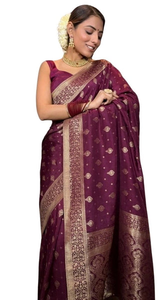 Mayawye Women's Silk Printed Saree With Unstitched Blouse 5.5Mtr (Wine)