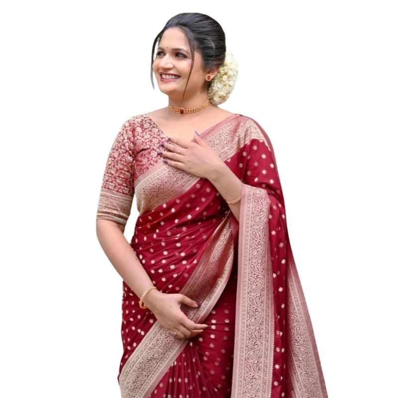 Mayawye Women's Silk Printed Saree With Unstitched Blouse 5.5Mtr (Maroon)