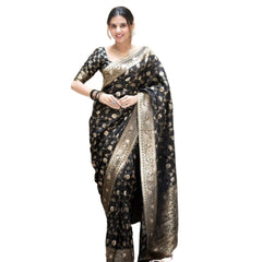 Mayawye Women's Silk Printed Saree With Unstitched Blouse 5.5Mtr (Black)