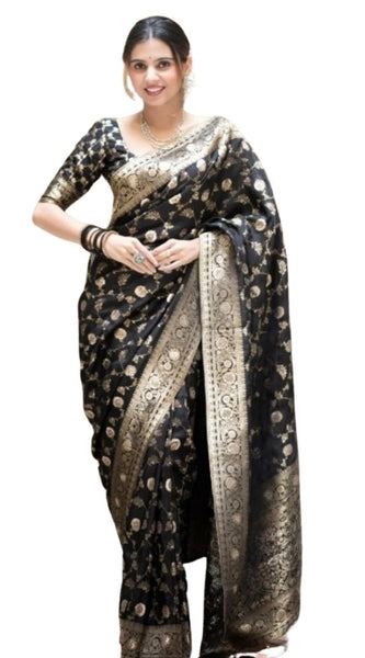 Mayawye Women's Silk Printed Saree With Unstitched Blouse 5.5Mtr (Black)