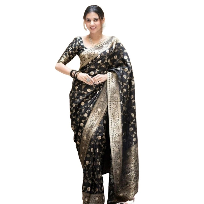 Mayawye Women's Silk Printed Saree With Unstitched Blouse 5.5Mtr (Black)