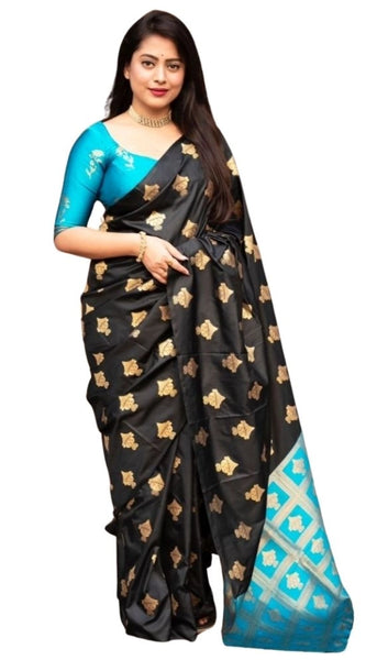 Mayawye Women's Silk Printed Saree With Unstitched Blouse 5.5Mtr (Sky Blue)