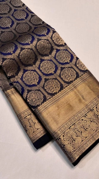 Mayawye Women's Silk Printed Saree With Unstitched Blouse 5.5Mtr (Navy Blue)
