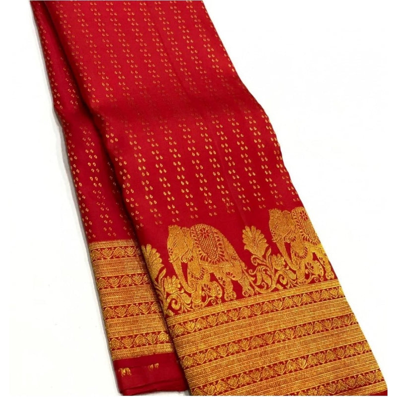 Mayawye Women's Silk Printed Saree With Unstitched Blouse 5.5Mtr (Red)