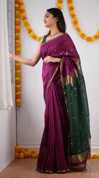 Mayawye Women's Cotton  Printed Saree With Unstitched Blouse 5.5Mtr (Wine)