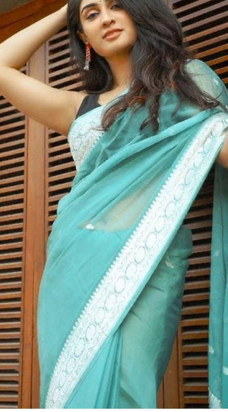 Mayawye Women's Cotton  Printed Saree With Unstitched Blouse 5.5Mtr (Sky Blue)