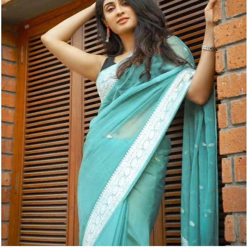 Mayawye Women's Cotton  Printed Saree With Unstitched Blouse 5.5Mtr (Sky Blue)