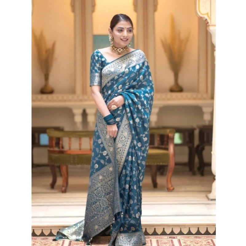 Mayawye Women's Silk Printed Saree With Unstitched Blouse 5.5Mtr (Rama)